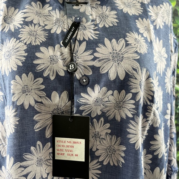 Barabas Size:3XL  Mens Long Sleeve Shirt Blue Floral Pattern Button Front - Picture 4 of 16